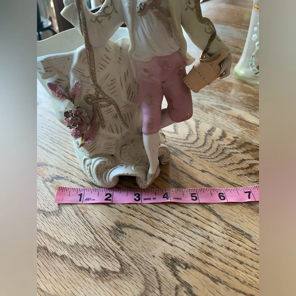 Vintage Colonial Man Spill Vase Pinks Floral Gold Trim Coquette Romantic